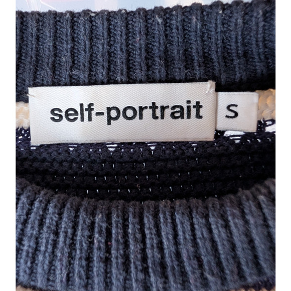 Self-Portrait Striped Balloon Sleeve Cropped Sweater Navy White Small Prep Twee - Picture 13 of 15